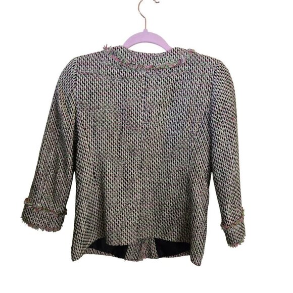 Talbots Pink Green Black Tweed Raw Hems 3/4 Sleeve Lady Jacket Size 2p - Picture 2 of 5